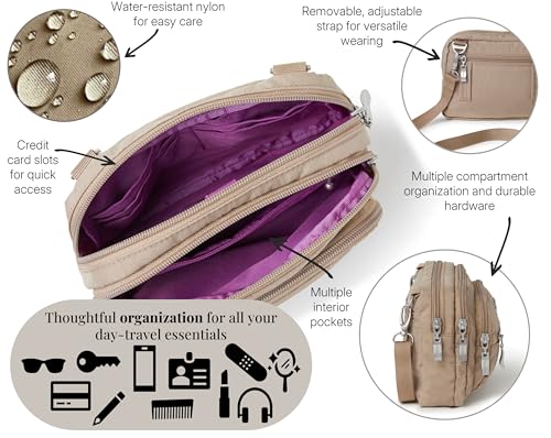 Baggallini Triple Zip Small Crossbody Bag for Women - Lightweight Convertible Fanny Pack Belt Bag - color: Beach, style: Slim Strap