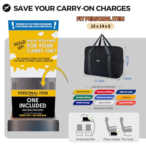 For Frontier Airlines Personal Item Bag 18x14x8 Travel Duffel Bag Carry on - color: Black (with Shoulder Strap)
