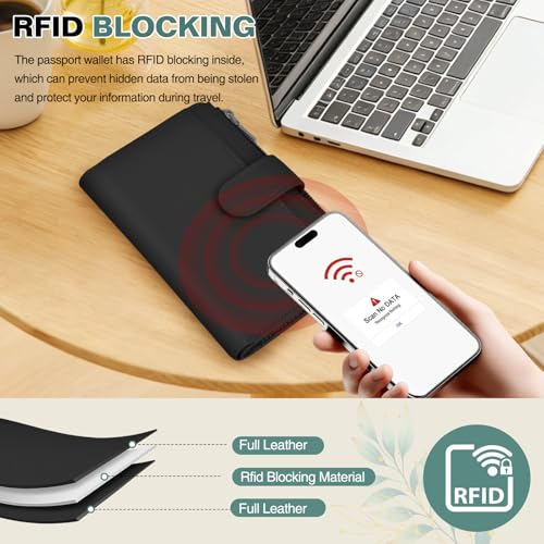 RFID Passport Holder for Travel, Leather Passport Cover Travel Wallet - color: Black