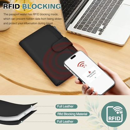 RFID Passport Holder for Travel, Leather Passport Cover Travel Wallet - color: Black