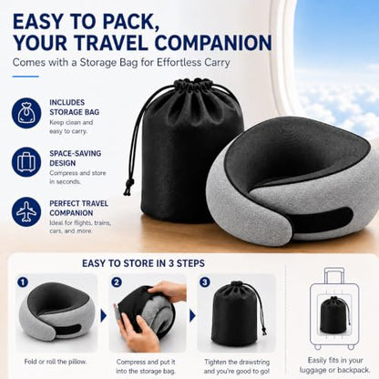 2 Pack Travel Neck Pillow Set, Pure Memory Foam Neck Pillow with Eye Mask Earplugs Storage Bag, Breathable 360 Degree Ergonomic Support, Compact Portable Plane Train Travel Essentials