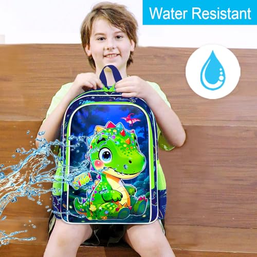 gxtvo 3PCS Boys Dinosaur Backpack Set, 16" Kids Bookbag with Lunch Box, Water Resistant Elementary Preschool Toddler School Bag - Cute Green Dino - color: Toe Dinosaur Green