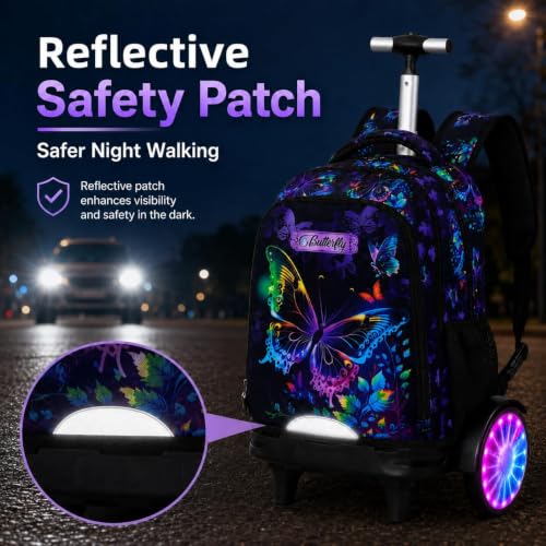 3Pcs Rolling Backpack for Girls with Light Up Wheels, Detachable Large Wheels, Kids Butterfly Wheeled Backpack Set for Elementary School Travel (Black) - color: Butterfly Black