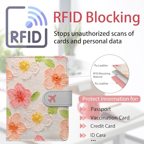 Passport Holder, Cute Travel Wallet Cover with RFID Blocking,Flower - color: C-Canvas