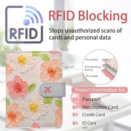Passport Holder, Cute Travel Wallet Cover with RFID Blocking,Flower - color: C-Canvas