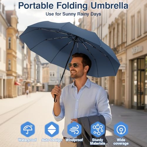 ZOMAKE Travel Umbrella Compact - 10 Ribs Portable Collapsible Umbrellas for Rain Windproof - Paraguas Automatic Small Folding Umbrella Lightweight Packable Umbrella for Women Men - color: Navy blue