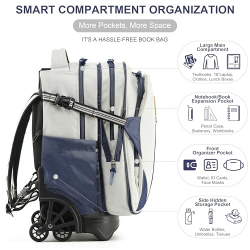 NEW TILAMI 18 Inch Expandable Rolling Backpack Stair-Climbing for School - color: White