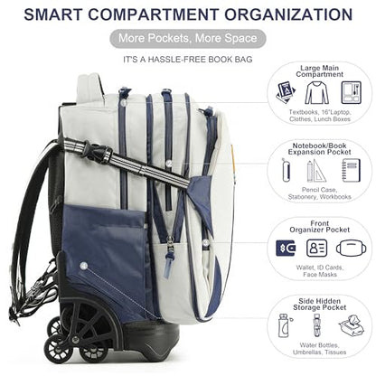 NEW TILAMI 18 Inch Expandable Rolling Backpack Stair-Climbing for School - color: White