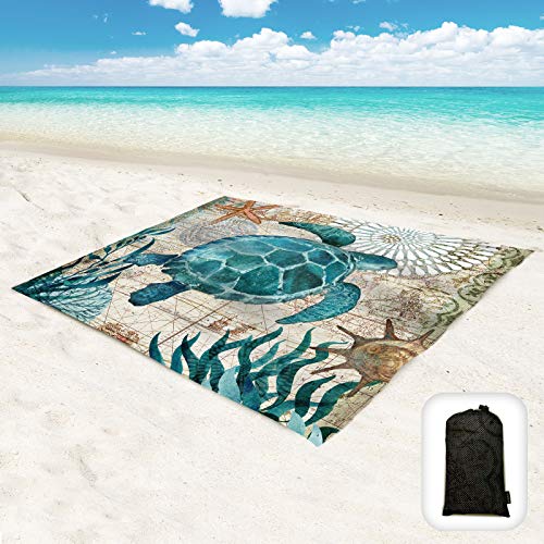 Beach Blanket Waterproof Sandproof Large with Sand Pockets Carry Bag - color: Seaturtle