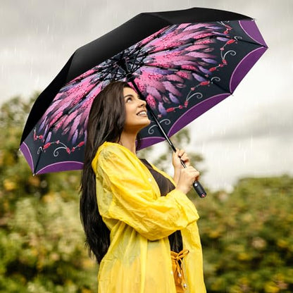 Strongest Windproof Travel Umbrella - Pro-Series, Heavy Duty Durable, Automatic Folding, Compact Lightweight Portable, Premium Grip, Fits Car & Backpack - color: Feather