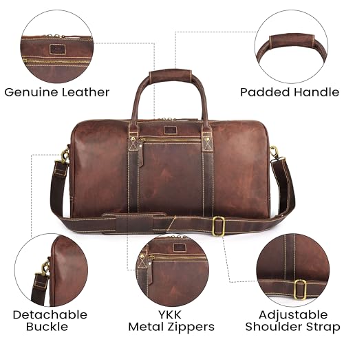 Genuine Leather Duffle Bag for Men & Women – Stylish Travel Weekender Bag with Shoulder Strap – Overnight, Gym, or Carry-On Luggage Bag - Mulburry Brown - color: Mulburry
