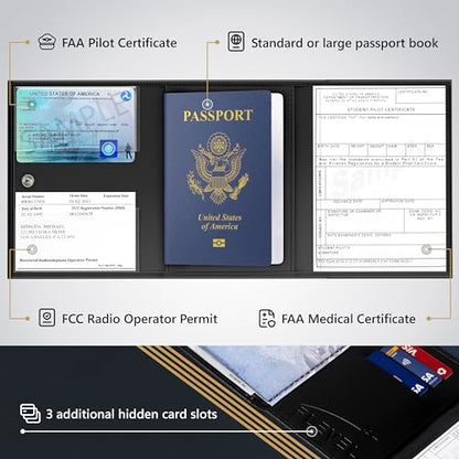 Pilot document holder, Pilot wallet, RFID-Blocking, Travel Wallet, Stylish Travel Companion for Aviation Professionals, Classic (Faux Leather_V1, Black)
