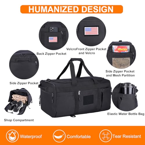 Sports Duffel Bag with Shoe Compartment, Tactical MOLLE Gym Bag for Men 45L - color: black