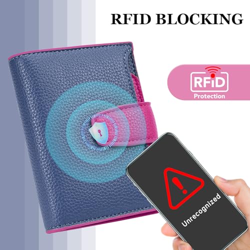 Airkit Small Wallet Women RFID Blocking Vegan Leather Bifold Compact Card Holder Wallet for Women with Zipper Coin Pocket 4 ID Window - color: Colorblock - Blue/Plum Red