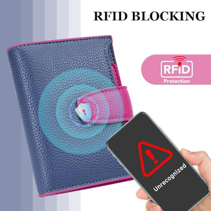 Airkit Small Wallet Women RFID Blocking Vegan Leather Bifold Compact Card Holder Wallet for Women with Zipper Coin Pocket 4 ID Window - color: Colorblock - Blue/Plum Red