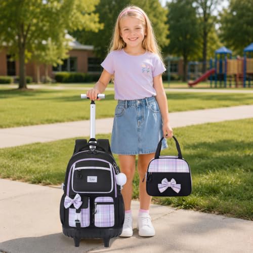 Bevalsa Rolling Backpack for Girls, Roller Backpack with Wheels | Cute Bow Plaid Wheeled School Bookbag Set with Lunch Bag & Pen Case, Suitcases for Kids Teens Elementary Middle Student - color: Black Purple