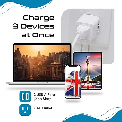 Ceptics US to UK Plug Adapter, Dual USB Adapter for UAE, Ireland, Hong Kong - color: Snow White