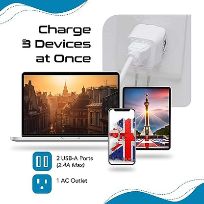Ceptics US to UK Plug Adapter, Dual USB Adapter for UAE, Ireland, Hong Kong - color: Snow White