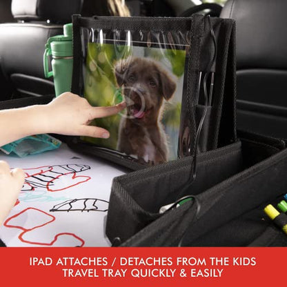 Lusso Gear Kids Travel Tray (Black) + Heavy Duty Car Seat Organizer (Black), Extra Large for Protection, Sag Proof & Reinforced Corners, Protects iPad & Backseat, 12 Versatile Car Seat Organizer Stora