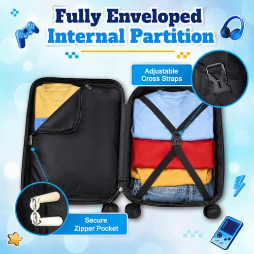UFNDC Lightweight Hardshell Spinner Kids Suitcase Set 2PCS with Wheels - Airplane Approved Carry-On Luggage for Boys & Children Ages 3-10, Fun Game Rolling Suitcases for Elementary Toddler Travel - color: Black Fun Game Luggage 2PCS Set