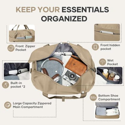 Travel Duffel Bag, Carry-On Overnight Weekender Bags for Women Travel - color: Khaki