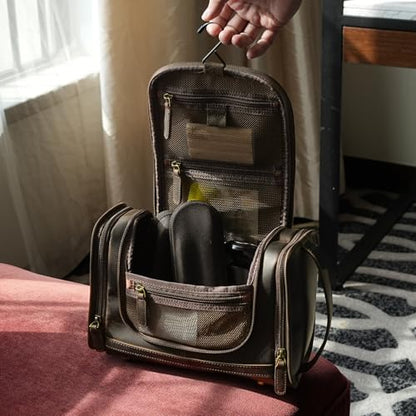Polare Full Grain Leather Toiletry Bag Travel Dopp Kit Makeup Cosmetic Organizer Shaving Kit Wash Case with Hanging Hook - color: A-Dark Brown