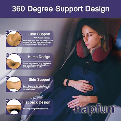 napfun Neck Pillow for Travel, Memory Foam Airplane Pillow, Burgundy - color: Burgundy
