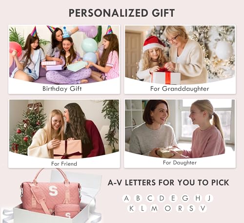 WOOMADA Initial Duffle Bag with Shoe Compartment,Personalized Weekender Bag, Overnight Bag for Women Girls, Gym Bag with Toiletry Bag - color: Pink, style: A