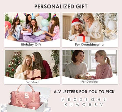 WOOMADA Initial Duffle Bag with Shoe Compartment,Personalized Weekender Bag, Overnight Bag for Women Girls, Gym Bag with Toiletry Bag - color: Pink, style: A