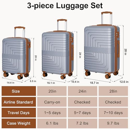 Romswi 3-Piece Set Expandable Luggage Set 20/24/28 Inch, PC+ABS Hardshell Suitcases with YKK, Durable Lightweight Suitcase Set with TSA Lock & Dual Spinner Wheels, Silver - color: Silver