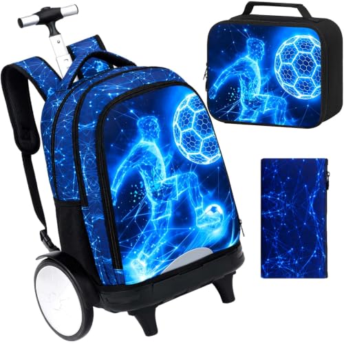 HPJGD Big-Wheel Rolling Backpack for Boys with Lunch Box & Pencil Case - 3-Pack Travel Set Featuring Tech-Style Soccer Player Design, Water-Resistant & Reflective Wheeled Bookbag for School/Trips - color: Cool Rolling Backpack Tech-style Soccer Player