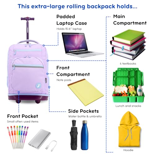 J World Sundance Laptop Rolling Backpack for Girls Boys. Roller Bookbag with Wheels, 20 Inch, Purple - color: Purple