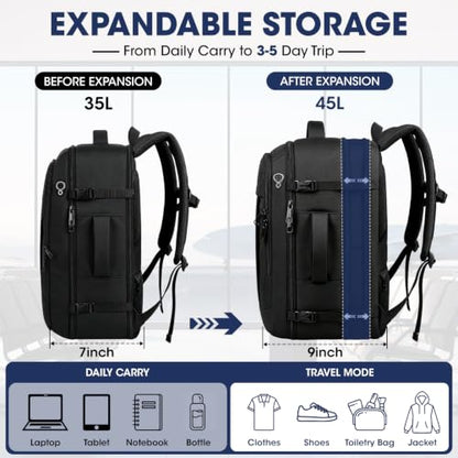 Travel Backpack,40L 50L Expandable Big Carry On Backpack Airplane Approved - color: Black, size: 17.3 inch (21"x13"x9")