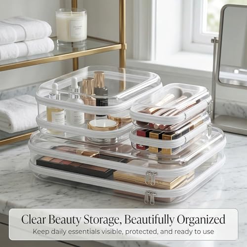 6 Pack Clear Hard Shell Zipper Case, See-Through Hard Plastic Organizer Pouches Zipper for Travel - Toiletries, Electronics, Pencils, Makeup, Secure Storage Design, 3 Sizes (2 Small/2 Medium/2 Large)