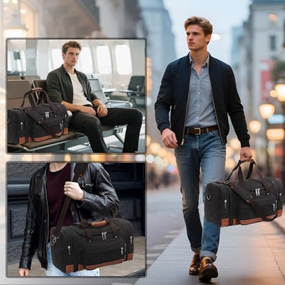 Men'S Duffle Bag For Travel, Expandable Canvas Duffel Bags Overnight Weekend Gym Carry On Luggage Bag For Men(Black) - color: Black