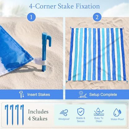 Blue Striped Beach Blanket, Large 79" x 83" Sandproof Waterproof Beach Mat - color: Blue Striped