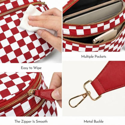 Checkerboard Crossbody Bag for Women, Expandable Plaid Belt Bag Nylon Fanny Pack with Multiple Pockets - color: Red Checkered