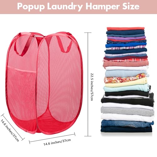 Pop Up Laundry Hamper, 70 L Collapsible Mesh Basket with Side Pocket, Red - color: 1 PCS Red