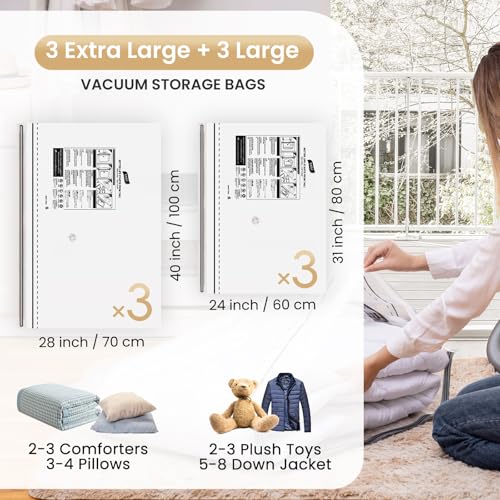 TAILI 6 Pack Vacuum Storage Bags, Combo(3 Large+3 Jumbo), Space Saver for Bedding, Blankets, Pillows, Clothes, LONG SIDE ZIP Vacuum Seal Bags for Clothing Ideal Under Bed Storage Solution - size: 6 Combo-Long