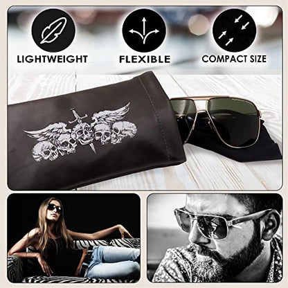 Soft Sunglasses case | Large Glasses Case Holder - Eyeglass Pouch Squeeze Top | Glasses pouch Lightweight Extra Layers - color: Dark Grey Skulls