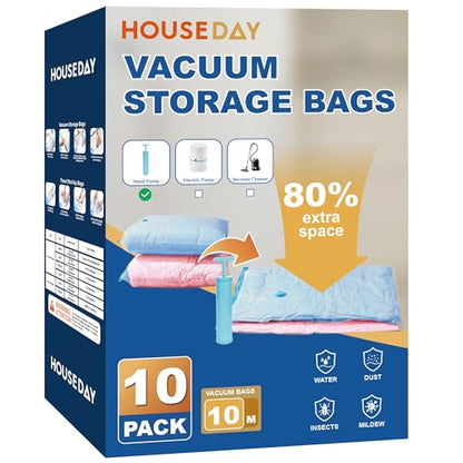 HOUSE DAY 10 Medium Vacuum Storage Bags with Pump,Space Saving Vacuum Seal Bags For Clothing Travel,Vacuum Storage Bags For Clothes, Bedding, Moving, Camping, Toys, Travel & Organization, Hand Pump - size: 10 Medium