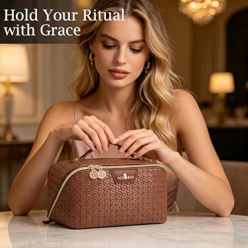 Travel Makeup Bag for Women: 3 Pcs Set Vagen Leather Cosmetic Bag - color: 07Brown
