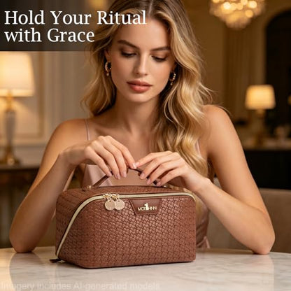 Travel Makeup Bag for Women: 3 Pcs Set Vagen Leather Cosmetic Bag - color: 07Brown