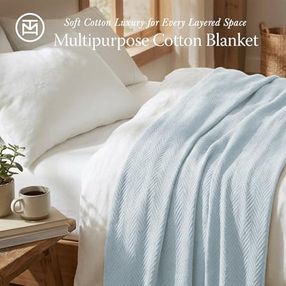 Threadmill Luxury 100% Cotton Queen Herringbone Blanket, Light Blue - color: Light Blue, size: Queen (90" x 92")