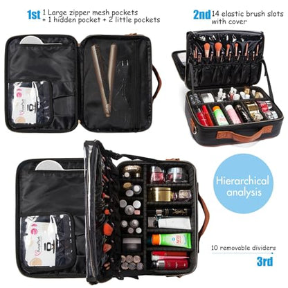 Large Travel Makeup bag, Leather Artist Makeup Train Case Cosmetic Storage Organizer Box with Adjustable Dividers for Makeup Brushes Toiletry - White - color: White