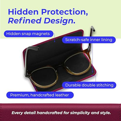 Luxury Slim Leather Glasses Case | Handmade Full-Grain Leather Eyewear Wrap with Magnetic Closure & Gift Box - color: Purple