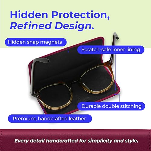 Luxury Slim Leather Glasses Case | Handmade Full-Grain Leather Eyewear Wrap with Magnetic Closure & Gift Box - color: Purple