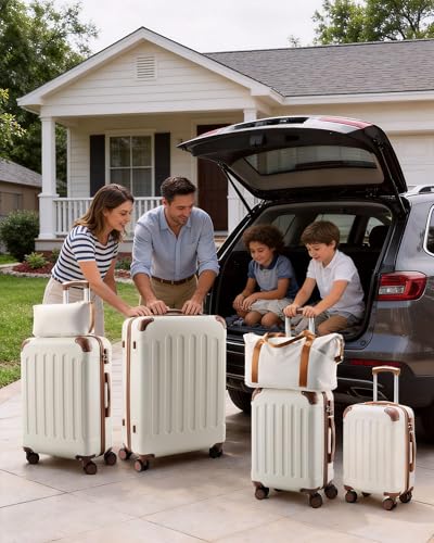 YOETEY Luggage Sets 6 Piece, Hardside Suitcase with Wheels, TSA Approved,Tote Bag, White Brown - color: White Brown, size: 6-Piece Set