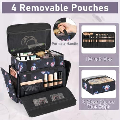 Extra Large Rolling Makeup Bag with Trolley and 4 Removable Pouches - color: Peony