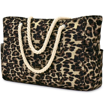 Becokan Beach Bag Large Beach Tote Bag for Women Waterproof Sandproof Swim Pool Bag With Zipper - color: Khaki Leopard